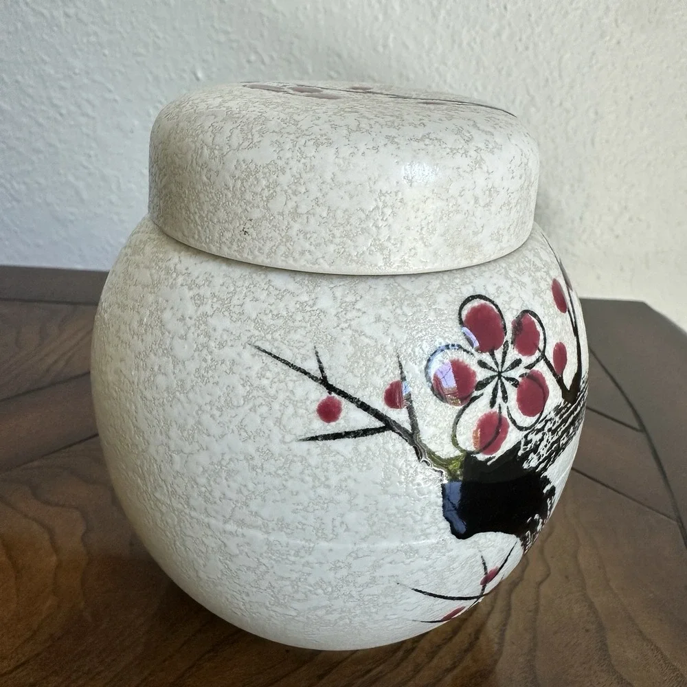 Vintage Ardco Ginger Jar 5.5 Inch Lid Asian Black Red Cherry Blossom Japan EUC